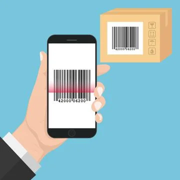 Flash Design with long shadow Hand Holding the smart phone with  Bar code  on Stockillustratie