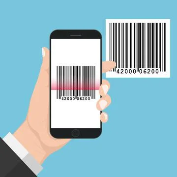 Flash Design with long shadow Hand Holding the smart phone with  Bar code  on Illustrazione stock