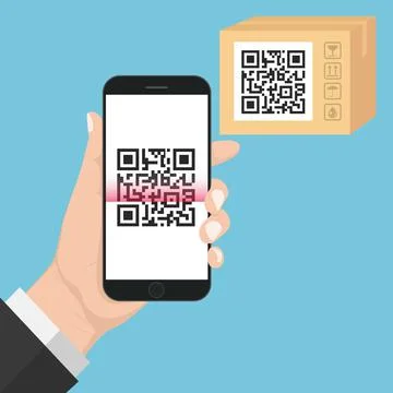 Flash Design with long shadow Hand holding the smart phone with  QR code  on  Stock Illustration