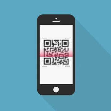 Flash Design with long shadow the smart phone with  QR code  on screen. The c Stockillustratie