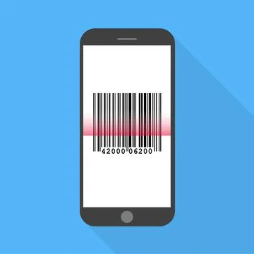 Flash Design with long shadow the smart phone with  Bar code  on screen. The  Stock-Illustration