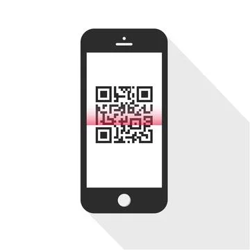 Flash Design with long shadow the smart phone with  QR code  on screen. The c Stock Illustration