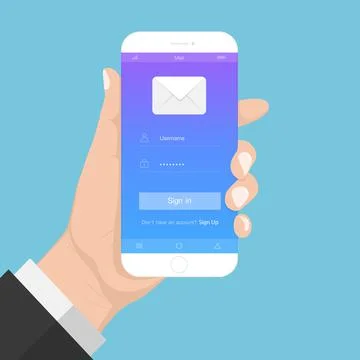 Flash Design style hand holding the smartphone with e-mail application on scr Stock Illustration