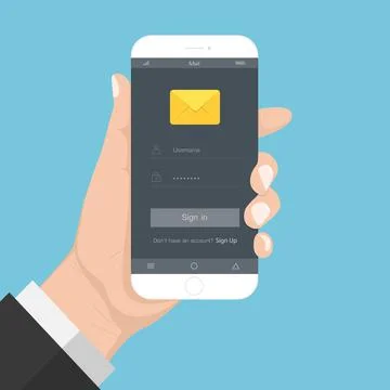 Flash Design style Hand Holding the smartphone with e-mail application on scr Stock Illustration
