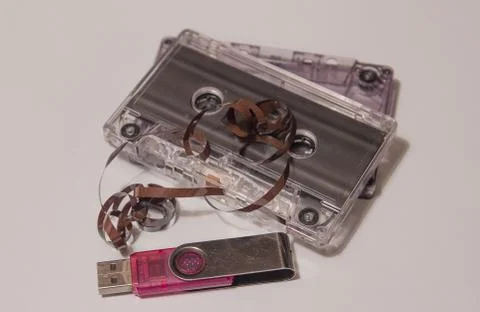 Flash disk and audio cassette Stock Photos