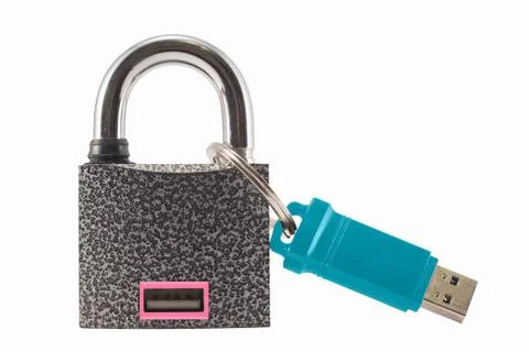 Flash drive and closed lock. Encryption and data security. Stock Photos