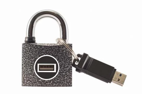 Flash drive and closed lock. Encryption and data security. Stock Photos