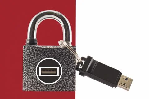 Flash drive and closed lock. Encryption and data security. Stock Photos