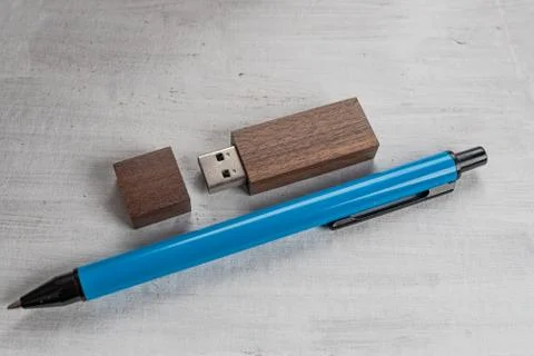 Flash drive and pen on structured gray background. Stock Photos