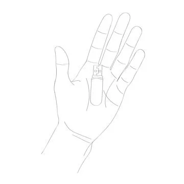 Flash drive in hand vector sketch. Open palm. Stock Illustration