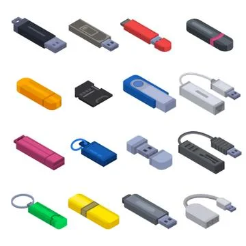 Flash drive icon set, isometric style Illustrazione stock