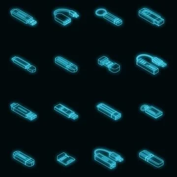 Flash drive icon set vector neon Stock Illustration