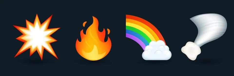 Flash, flame, rainbow and tornado emoji Stock Illustration