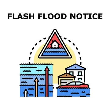 Flash flood notice warning increasing water level danger Illustrazione stock
