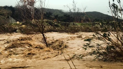 Flash Flood Water River Storm Surge Mudslide Climate Change California 4K Stock Footage