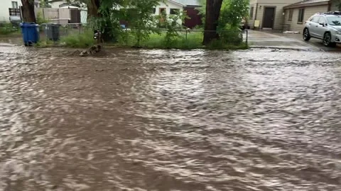 Flash Flooding Sends Coach Floating Down the Street, Flagstaff, Arizona, USA - 1 Stock Footage 205385667