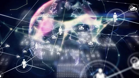 Flash initiating silhouette linking cloud icons, globe rotating while building Stock Footage 311584956