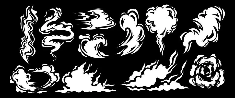 Flash jump clouds. Smoke objects. Swirling gas effect. Car fume. Wind or whit 库存插图