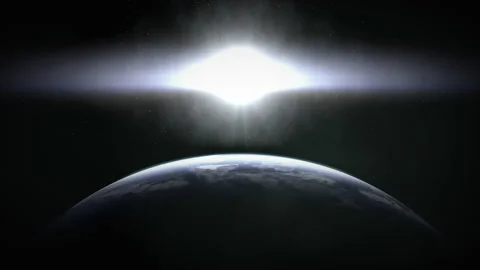 Flash of light and big planet in space Video stock 199103693