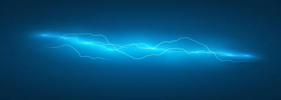 Flash of lightning on dark blue background. Night thunderstorm rays. Electric Stock Illustration