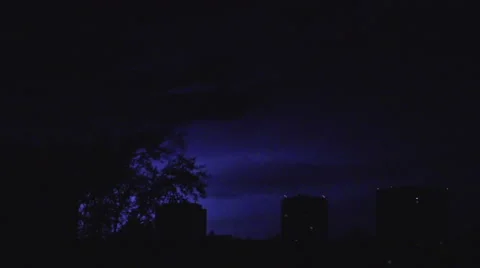 A flash of lightning over homes at the night Видео 64840768