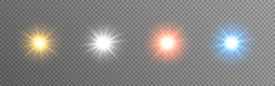 Flash lights set on transparent backdrop. Color stars collection. Bright 스톡 일러스트