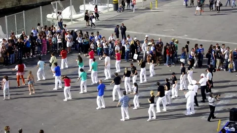 Flash mob before the departure of the liner Stock Footage 149428402