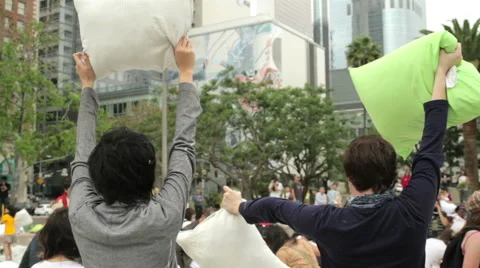 Flash mob pillow fight Stock Footage 40399691