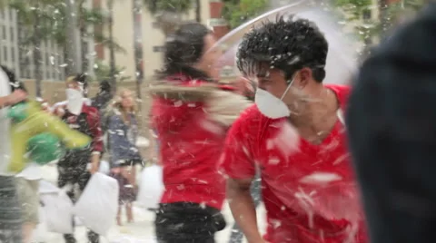 Flash mob pillow fight Stock Footage 40400043