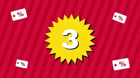 Flash sale countdown from 5 to 0 with starburst and discount tags on red stripes Stock-Footage 348303037