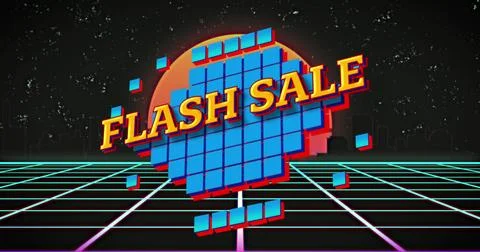 Flash sale text over abstract shapes against grid network and cityscape banner Stock Illustration