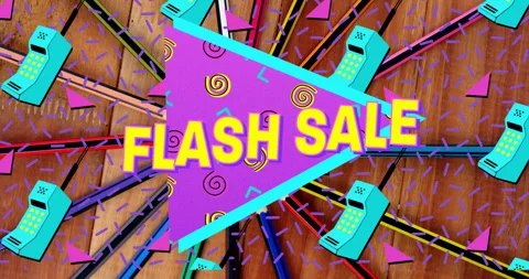 Flash sale triangle glowing over wood texture, radiating neon bars and rotating Video stock 307463191