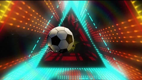 Flash starting sphere turning into soccerball, drifting inward, teal triangle Stock Footage 339448611