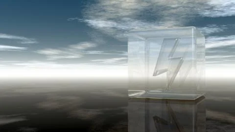 Flash symbol in glass cube under cloudy sky - 3d rendering Stock Illustration
