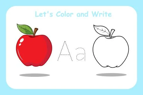 Flashcards Lets Color and Lets Write Apple Fruit  Worksheet for Kid Learning Stock Illustration