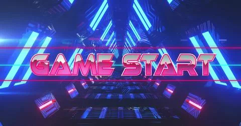 Flashing bold 3D GAME START headline dominating neon-lit triangular tunnel, with 库存插图