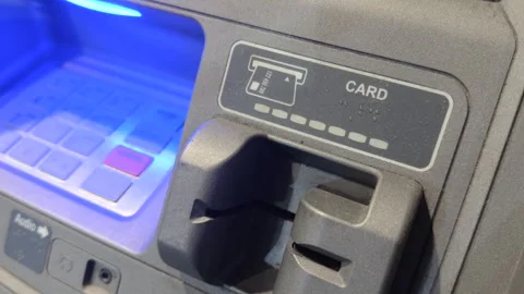 Flashing card reader at local ATM 4k Video stock 331835459