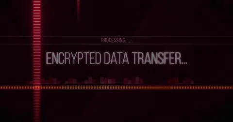 Flashing central ENCRYPTED DATA TRANSFER updating after PROCESSING cue on HUD Illustrazione stock