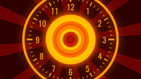 Flashing gold light and clock on red background, loop Stock Footage 144359587