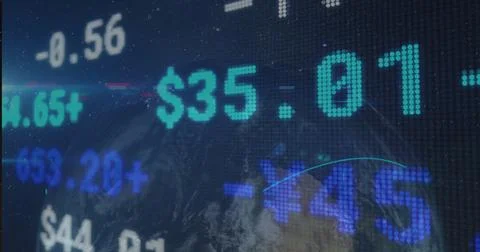 Flashing green dot-matrix ticker displaying stock values on trading board, with 스톡 일러스트