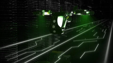Flashing With Green Drone Passes Though Binary Code Lines In Virtual-Reality Stock Footage 155695872