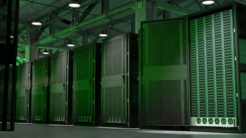 Flashing green light in warehouse with cloud data storage servers; 3D Video stock 232990069