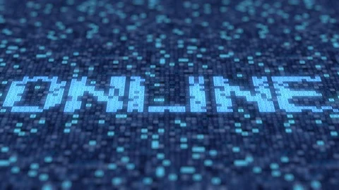 Flashing hexadecimal symbols on a blue computer screen compose ONLINE word Stock Footage 109654447