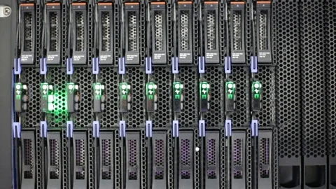 Flashing LED red lights of the blade server as footage VDO Stock Footage 79497174