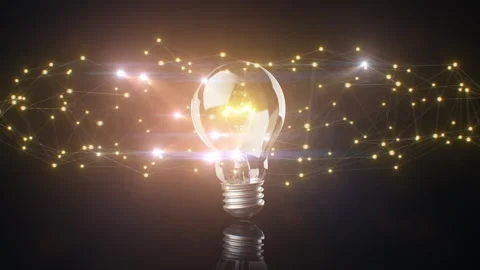 Flashing Light Bulb and Computer Grid Growing Over in the Dark. Ai Neural Stock Footage 313614072