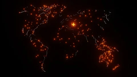 Flashing orange red lights map of planet earth with flashing airplanes flying ov Stock Footage 300845098