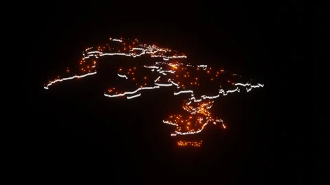Flashing orange red lights map of planet earth with flashing airplanes flying ov Stock Footage 300845106