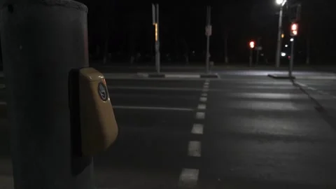 Flashing red button of manual traffic light for pedestrians against the Stock Footage 304111006