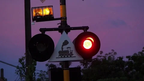 Flashing red light warn For Train Comming Stock Footage 76984782