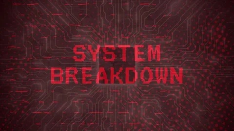 Flashing red text 'SYSTEM BREAKDOWN' on an abstract circuit board. Stock Footage 336479219